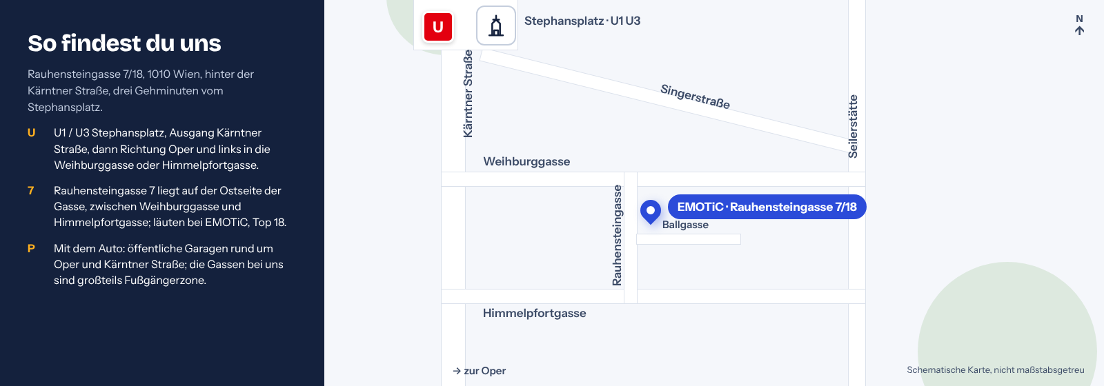 Schematische Karte: EMOTiC in der Rauhensteingasse 7/18, zwischen Weihburggasse und Himmelpfortgasse, drei Minuten vom Stephansplatz