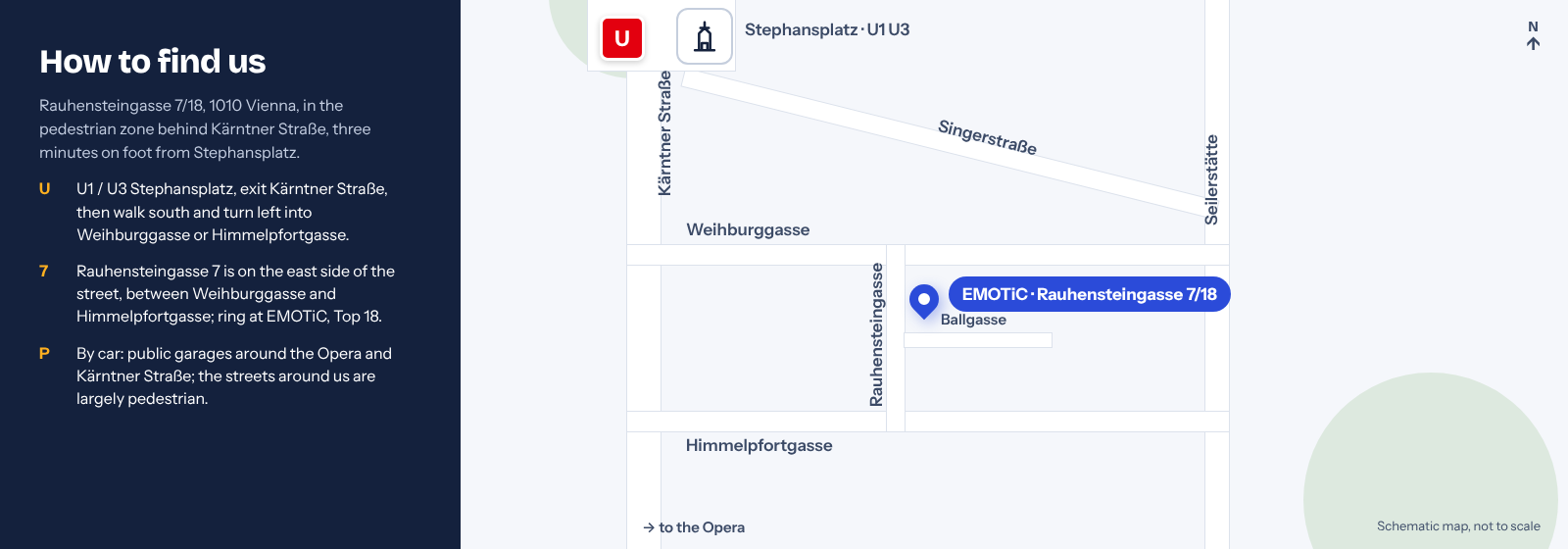 Schematic map: EMOTiC at Rauhensteingasse 7/18, between Weihburggasse and Himmelpfortgasse, three minutes from Stephansplatz